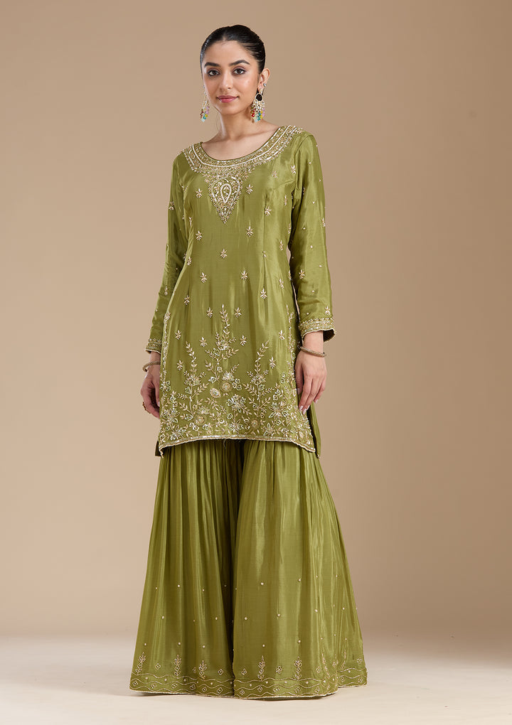 Mehendi Threadwork Satin Readymade Salwar Suit