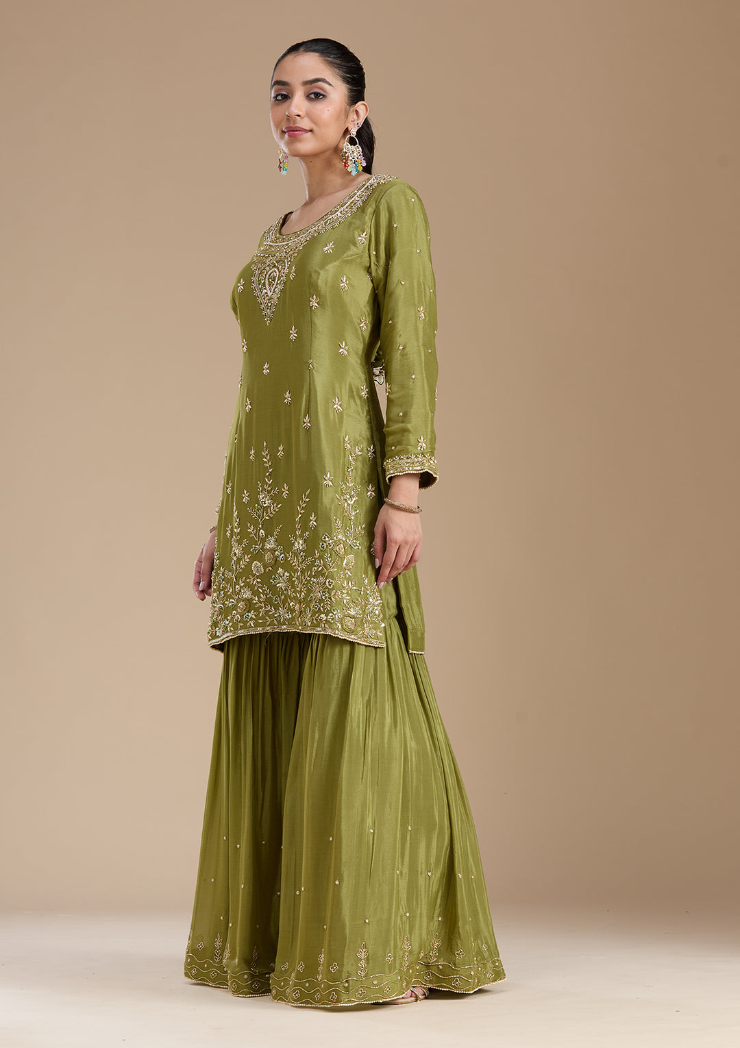 Mehendi Threadwork Satin Readymade Salwar Suit