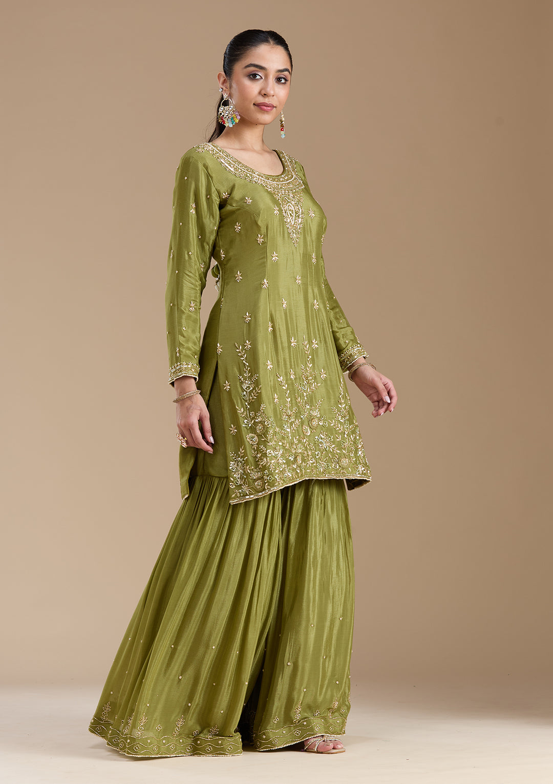 Mehendi Threadwork Satin Readymade Salwar Suit