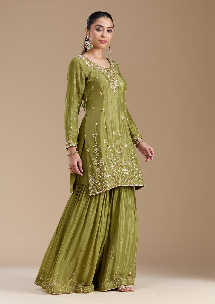 Mehendi Threadwork Satin Readymade Salwar Suit