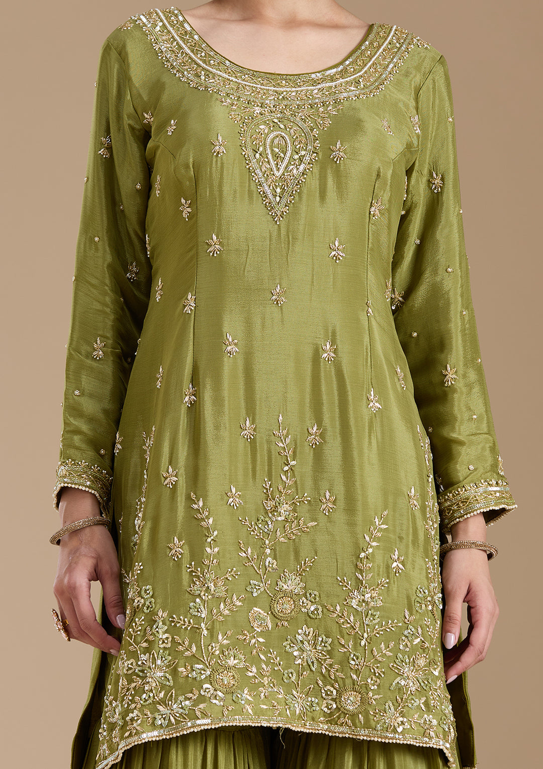 Mehendi Threadwork Satin Readymade Salwar Suit