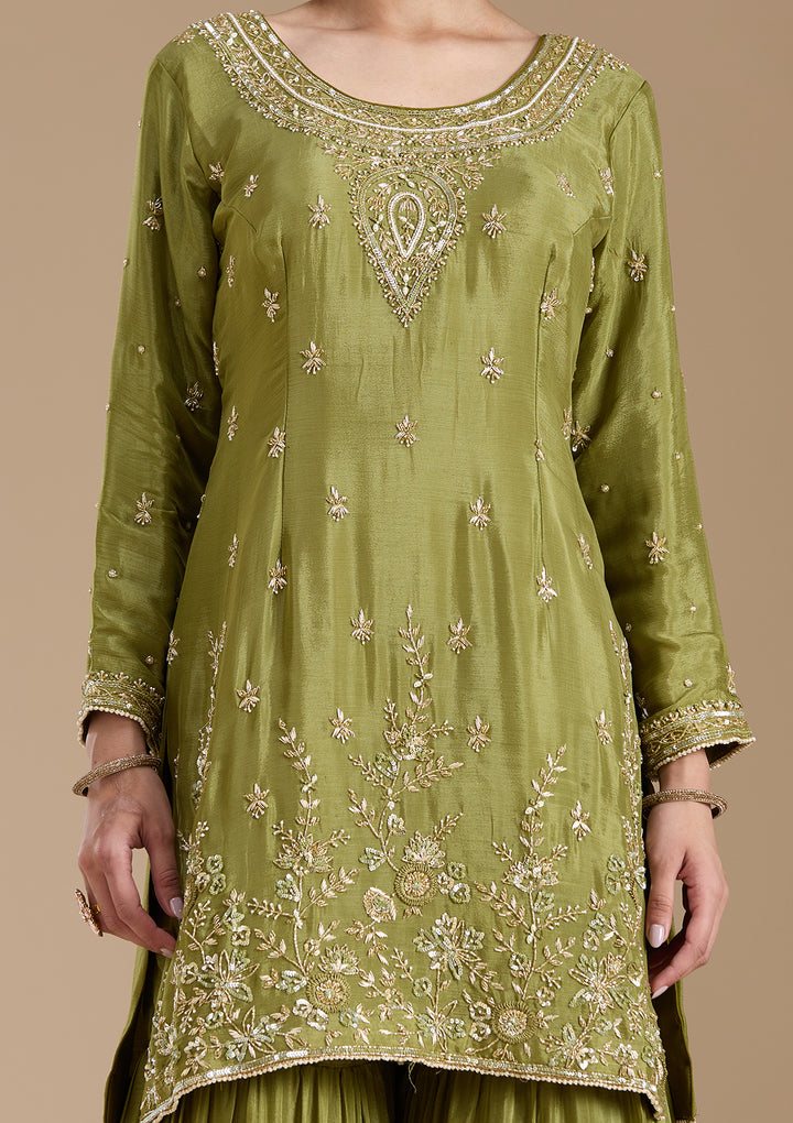 Mehendi Threadwork Satin Readymade Salwar Suit