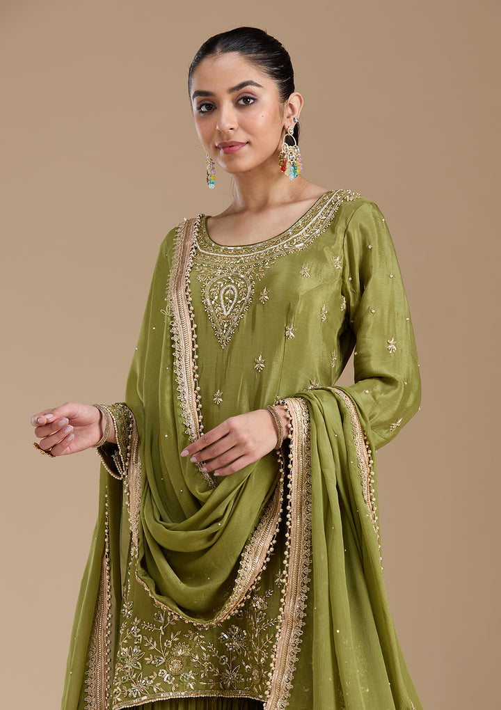 Mehendi Threadwork Satin Readymade Salwar Suit