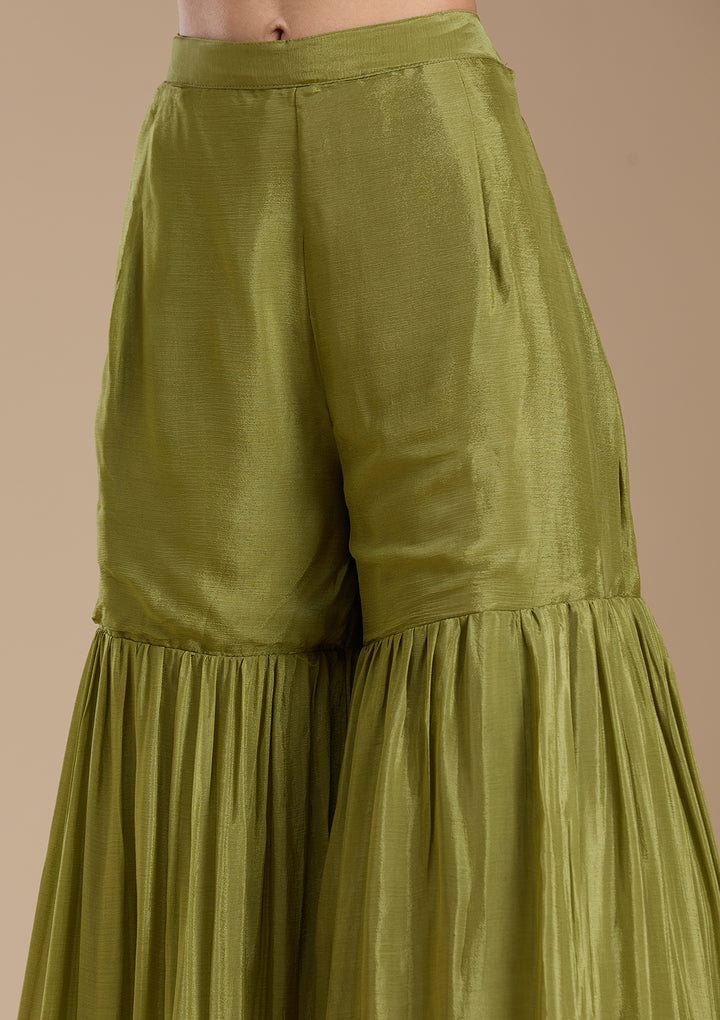 Mehendi Threadwork Satin Readymade Salwar Suit