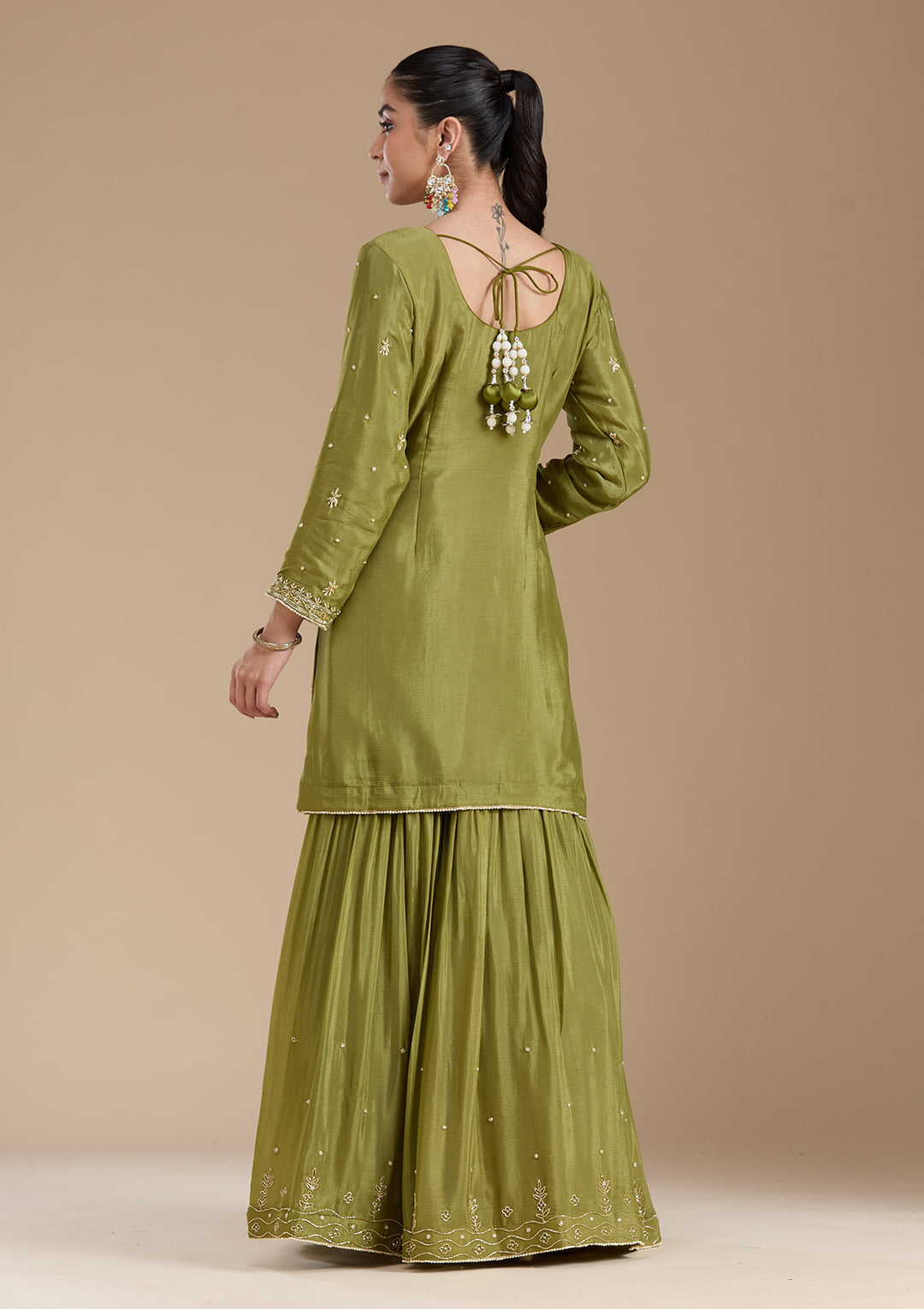Mehendi Threadwork Satin Readymade Salwar Suit