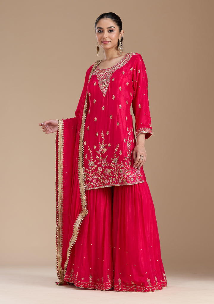 Rani Pink Threadwork Satin Readymade Salwar Suit