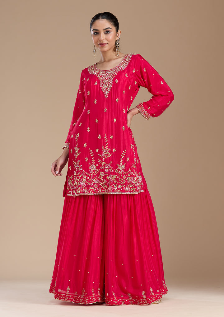 Rani Pink Threadwork Satin Readymade Salwar Suit