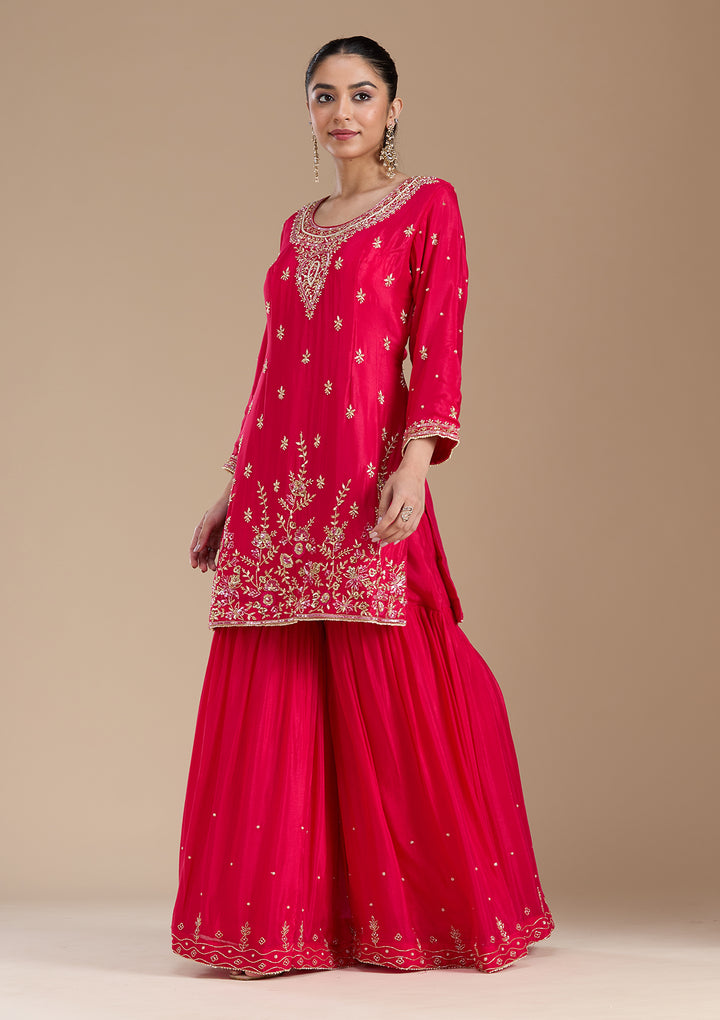 Rani Pink Threadwork Satin Readymade Salwar Suit