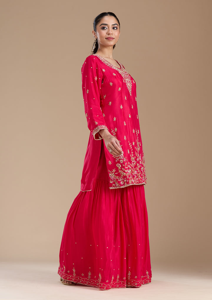 Rani Pink Threadwork Satin Readymade Salwar Suit