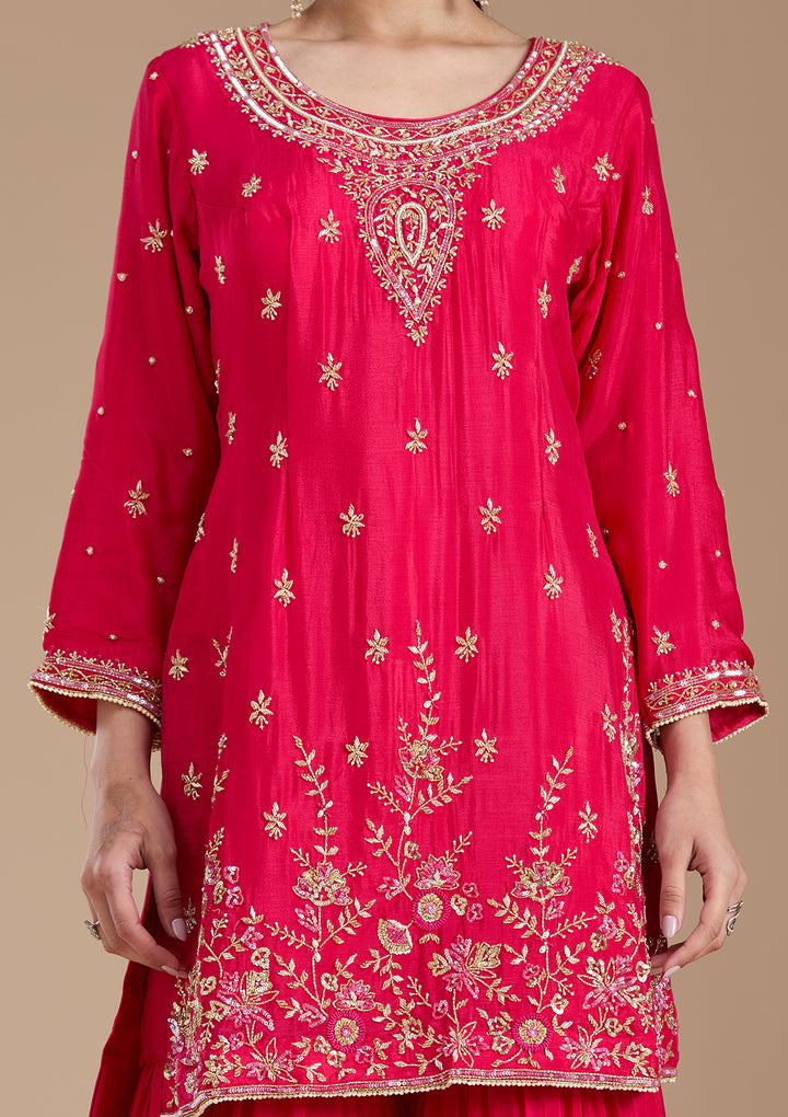 Rani Pink Threadwork Satin Readymade Salwar Suit