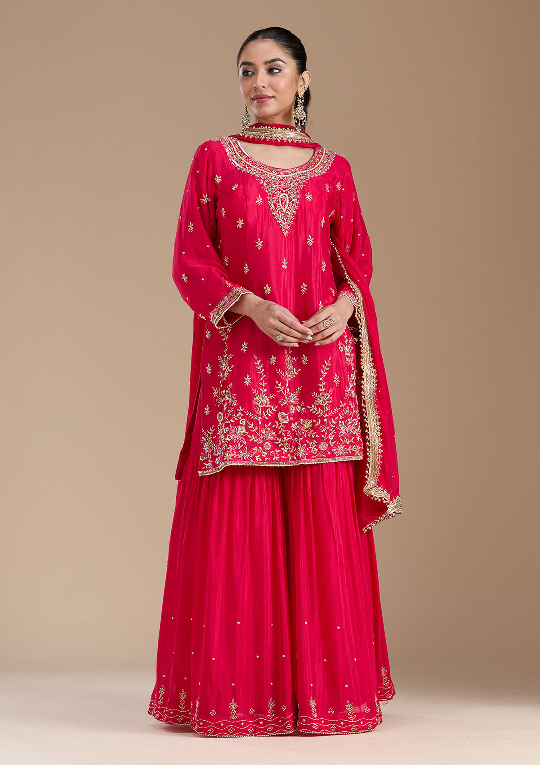 Rani Pink Threadwork Satin Readymade Salwar Suit