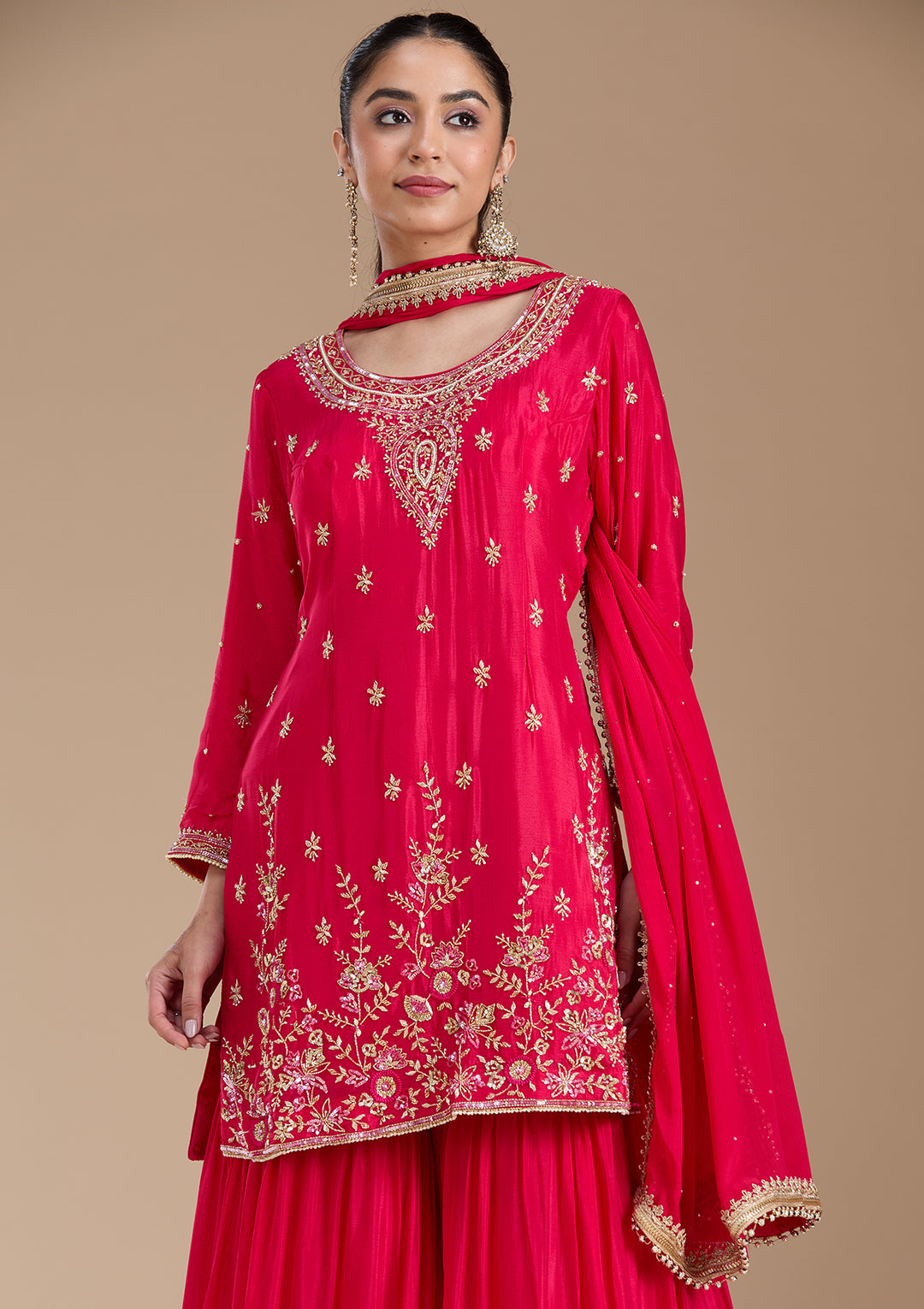 Rani Pink Threadwork Satin Readymade Salwar Suit