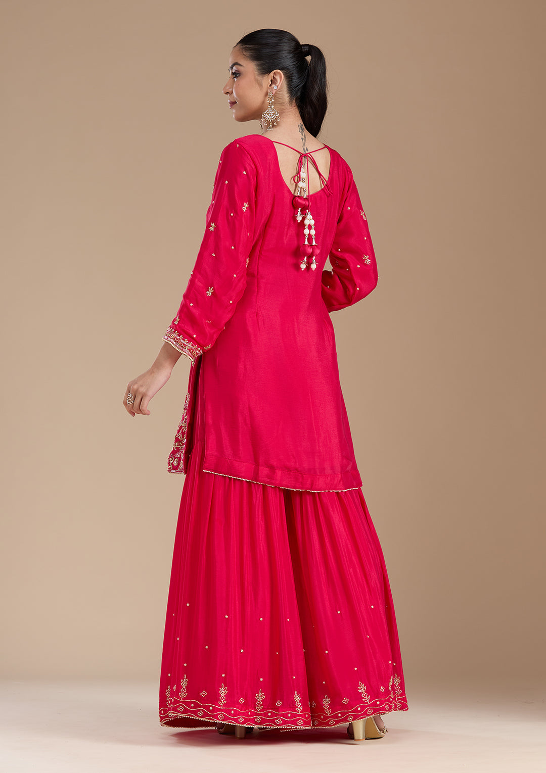 Rani Pink Threadwork Satin Readymade Salwar Suit