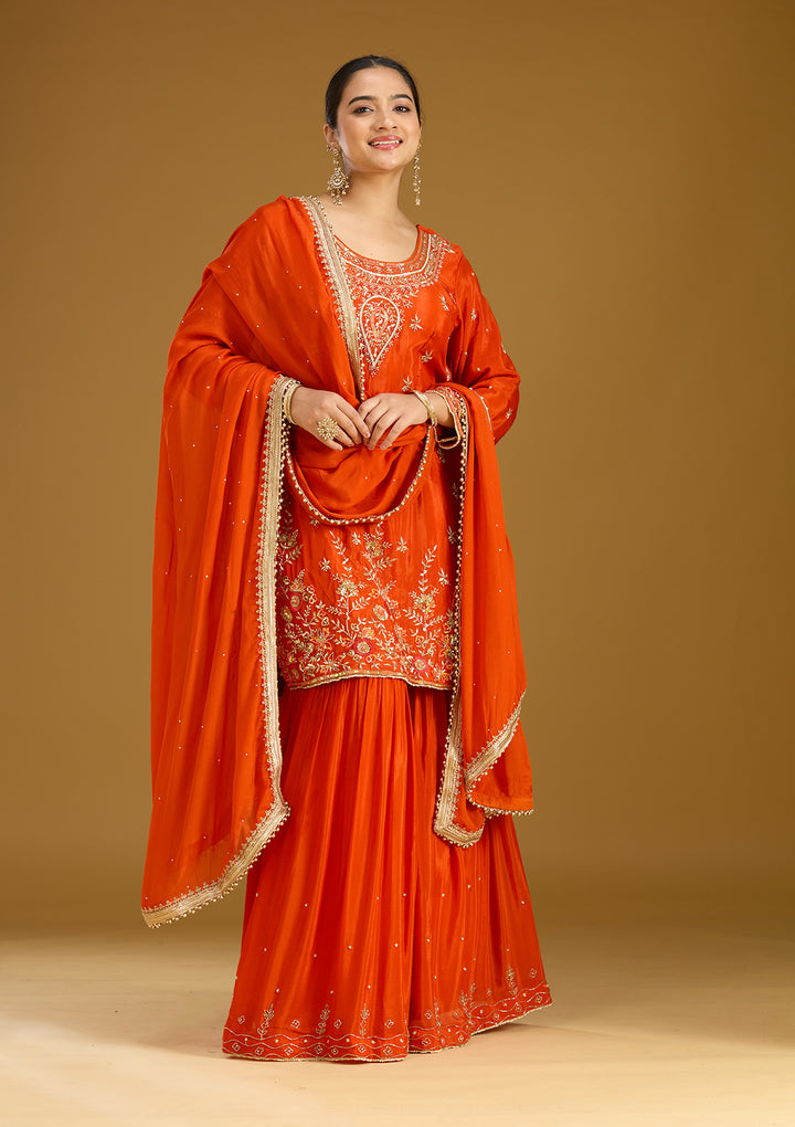 Rust Threadwork Satin Readymade Salwar Suit