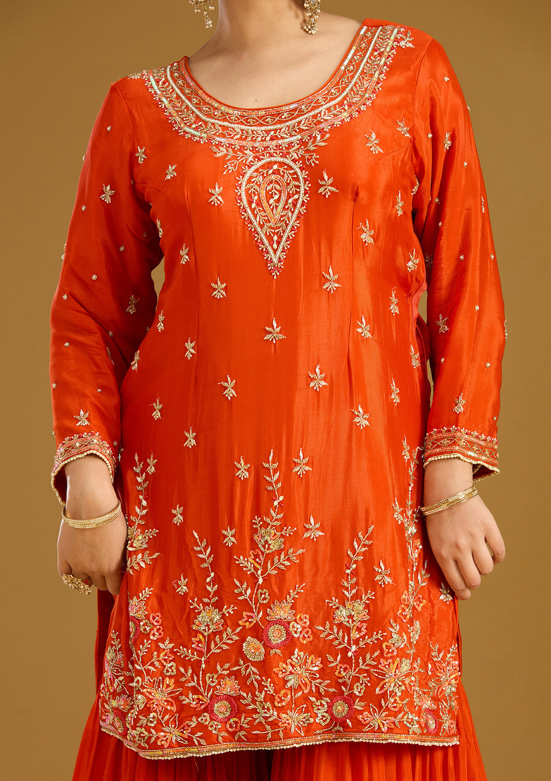 Rust Threadwork Satin Readymade Salwar Suit