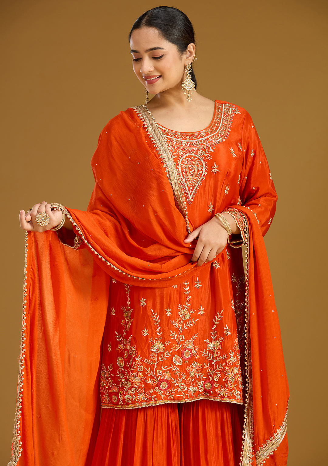 Rust Threadwork Satin Readymade Salwar Suit