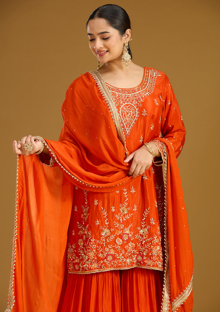 Rust Threadwork Satin Readymade Salwar Suit