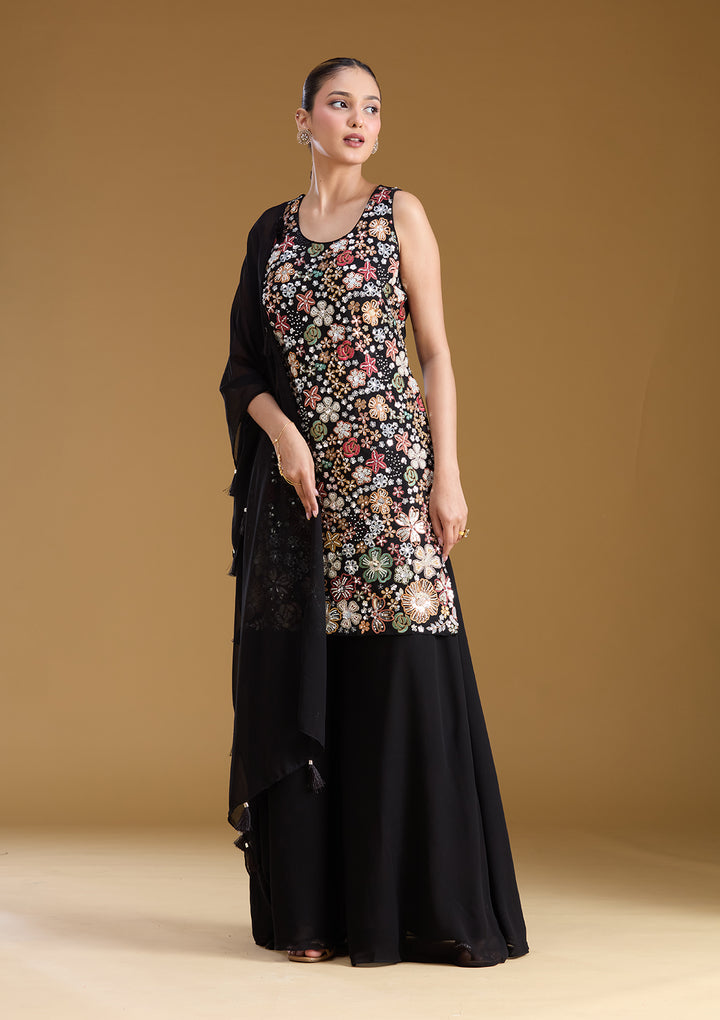 Black Threadwork Georgette Readymade Salwar Suit