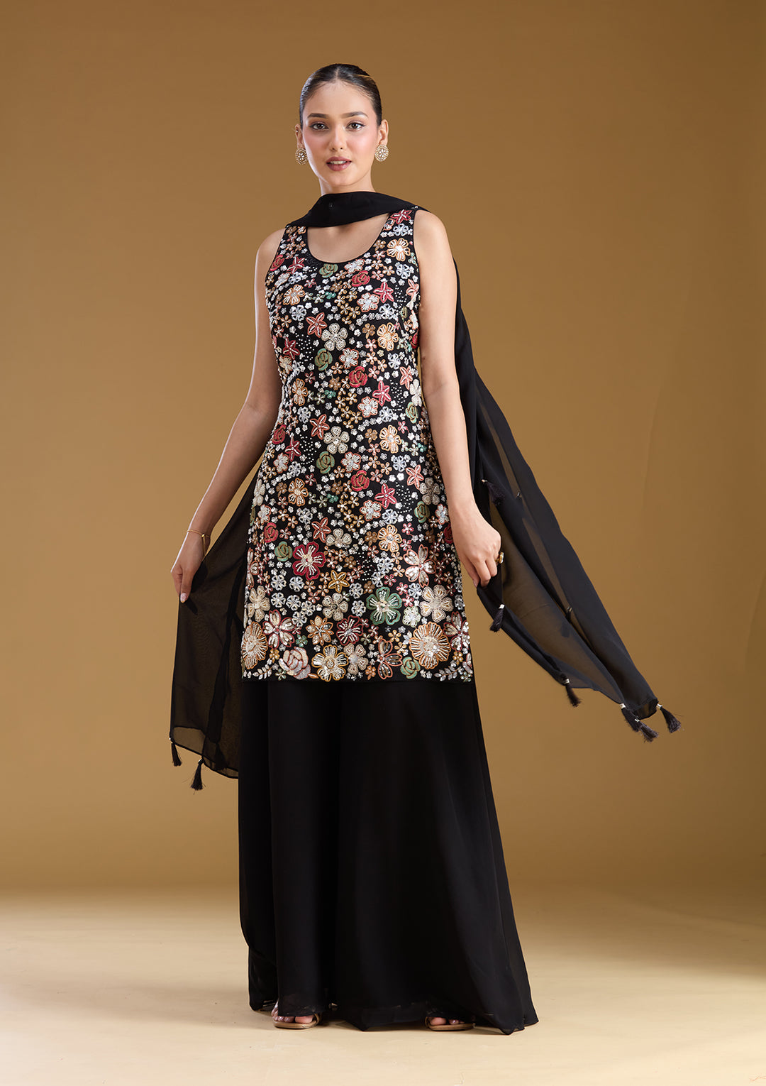 Black Threadwork Georgette Readymade Salwar Suit