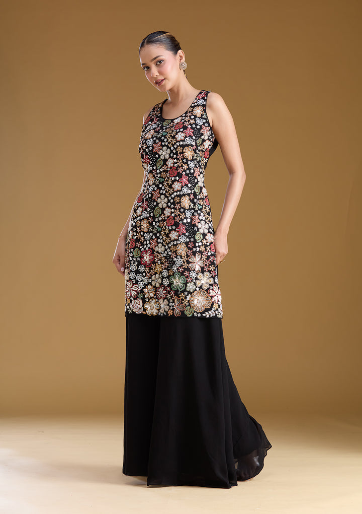 Black Threadwork Georgette Readymade Salwar Suit