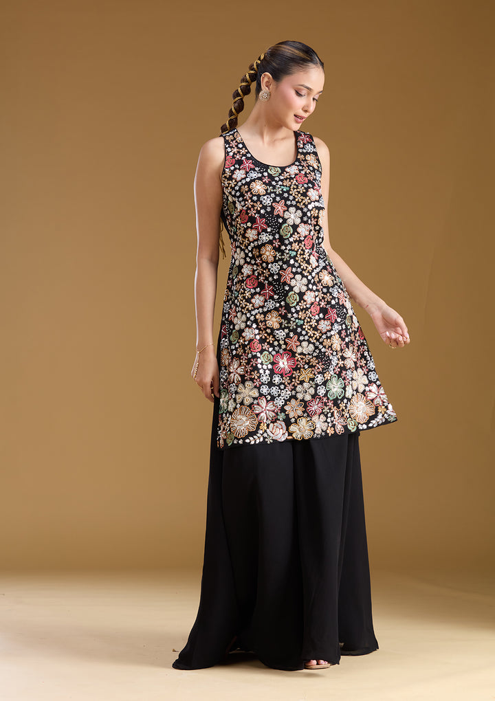 Black Threadwork Georgette Readymade Salwar Suit