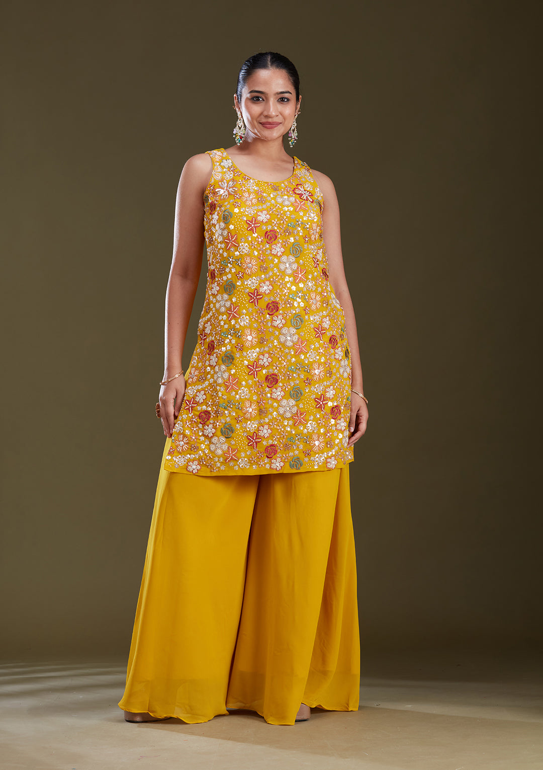 Mustard Yellow Threadwork Georgette Readymade Salwar Suit