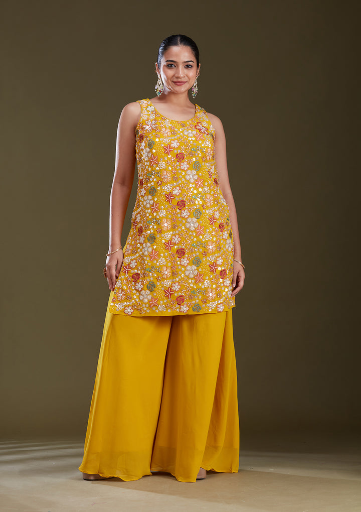 Mustard Yellow Threadwork Georgette Readymade Salwar Suit