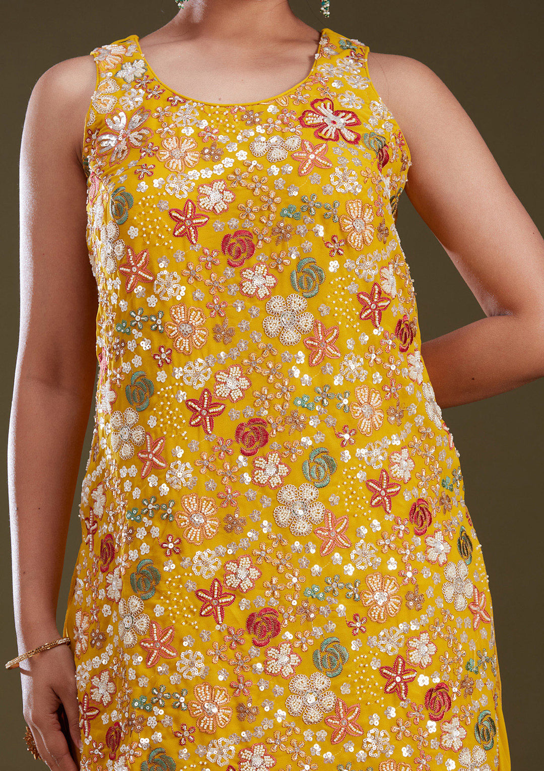 Mustard Yellow Threadwork Georgette Readymade Salwar Suit