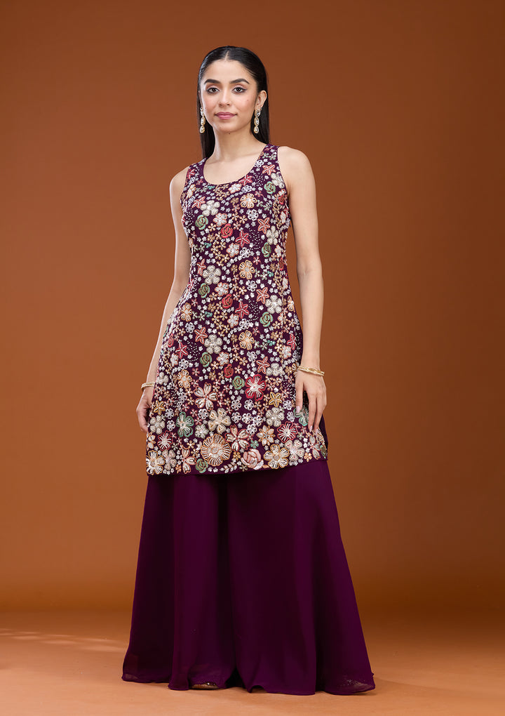 Wine Threadwork Georgette Readymade Salwar Suit