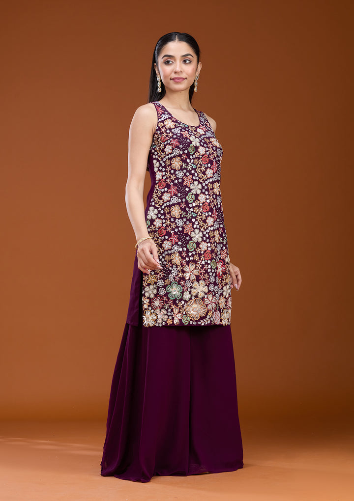 Wine Threadwork Georgette Readymade Salwar Suit