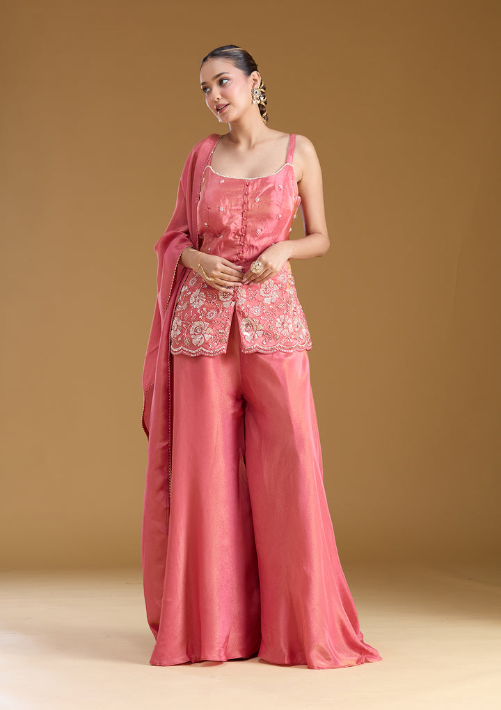 Gajari Pink Threadwork Satin Readymade Salwar Suit