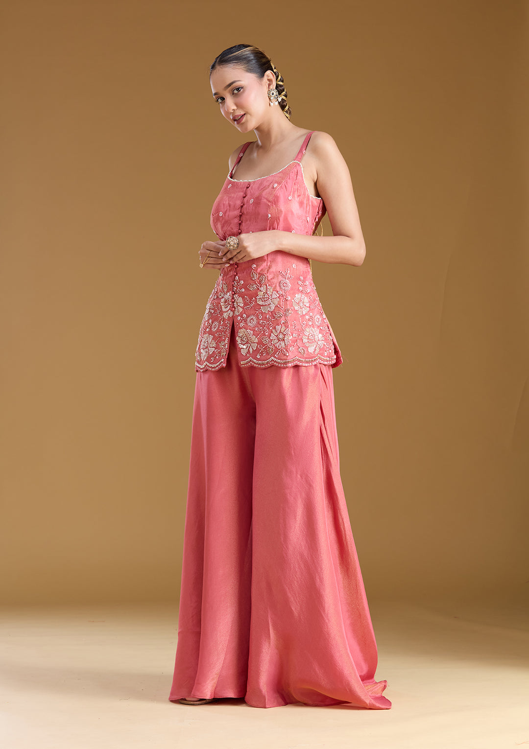 Gajari Pink Threadwork Satin Readymade Salwar Suit