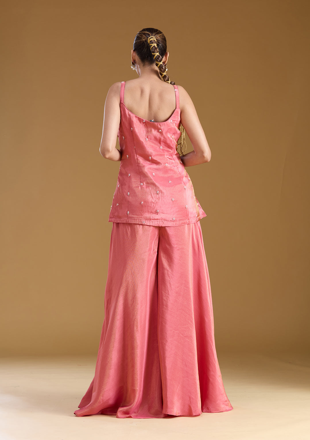 Gajari Pink Threadwork Satin Readymade Salwar Suit