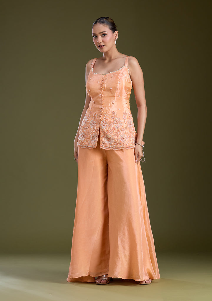 Light Orange Threadwork Satin Readymade Salwar Suit