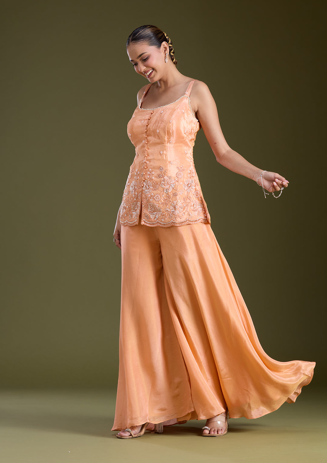 Light Orange Threadwork Satin Readymade Salwar Suit