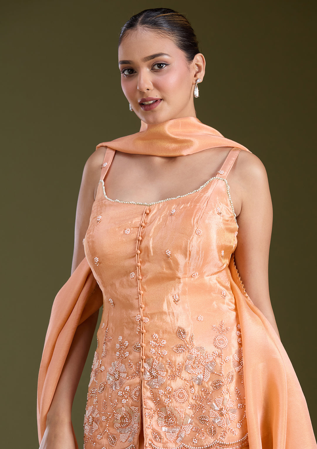 Light Orange Threadwork Satin Readymade Salwar Suit