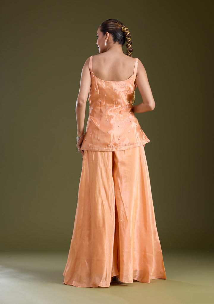 Light Orange Threadwork Satin Readymade Salwar Suit