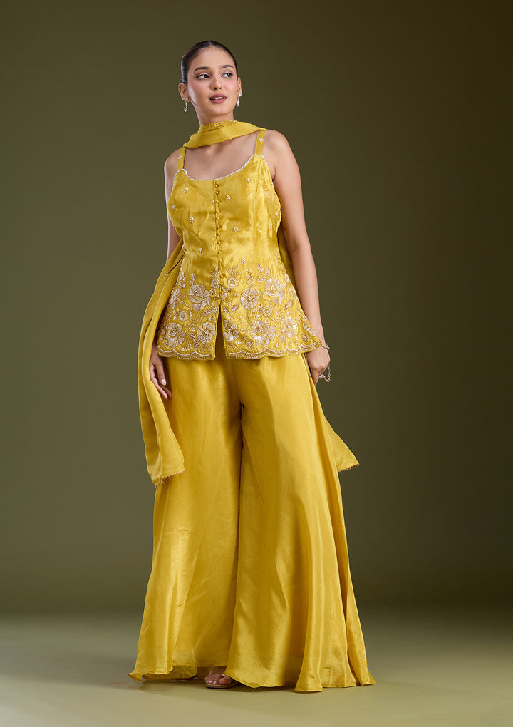 Mustard Yellow Threadwork Satin Readymade Salwar Suit