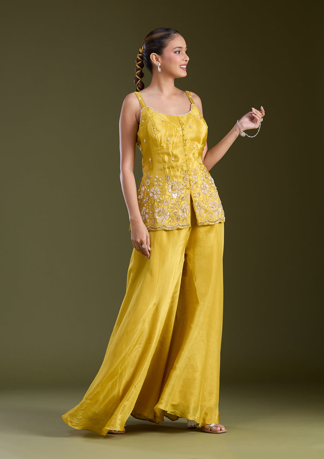 Mustard Yellow Threadwork Satin Readymade Salwar Suit