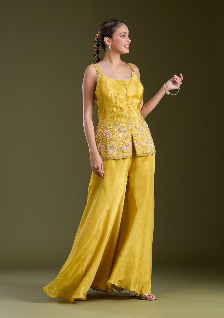 Mustard Yellow Threadwork Satin Readymade Salwar Suit