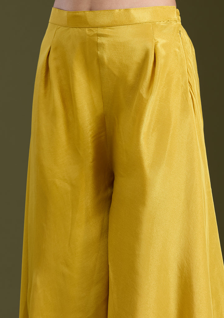 Mustard Yellow Threadwork Satin Readymade Salwar Suit