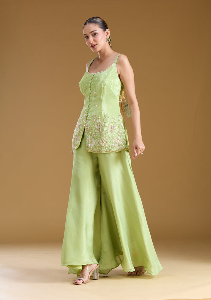 Pista Green Threadwork Satin Readymade Salwar Suit