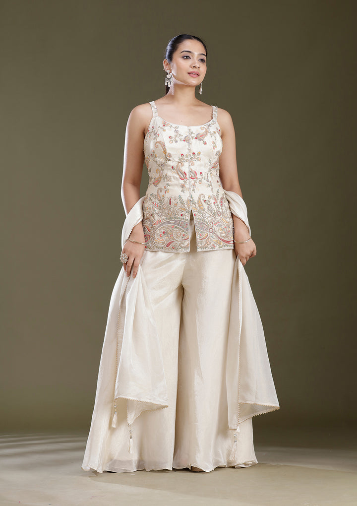 Beige Cutdana Tissue Readymade Salwar Suit