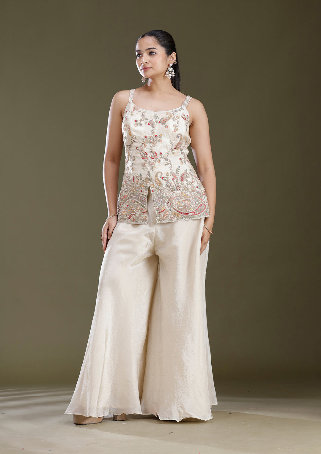 Beige Cutdana Tissue Readymade Salwar Suit