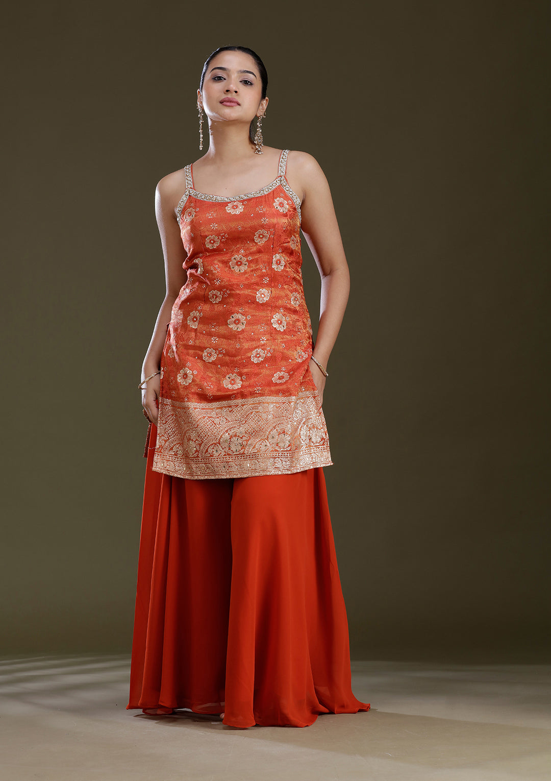Orange Cutdana Brocade Readymade Salwar Suit