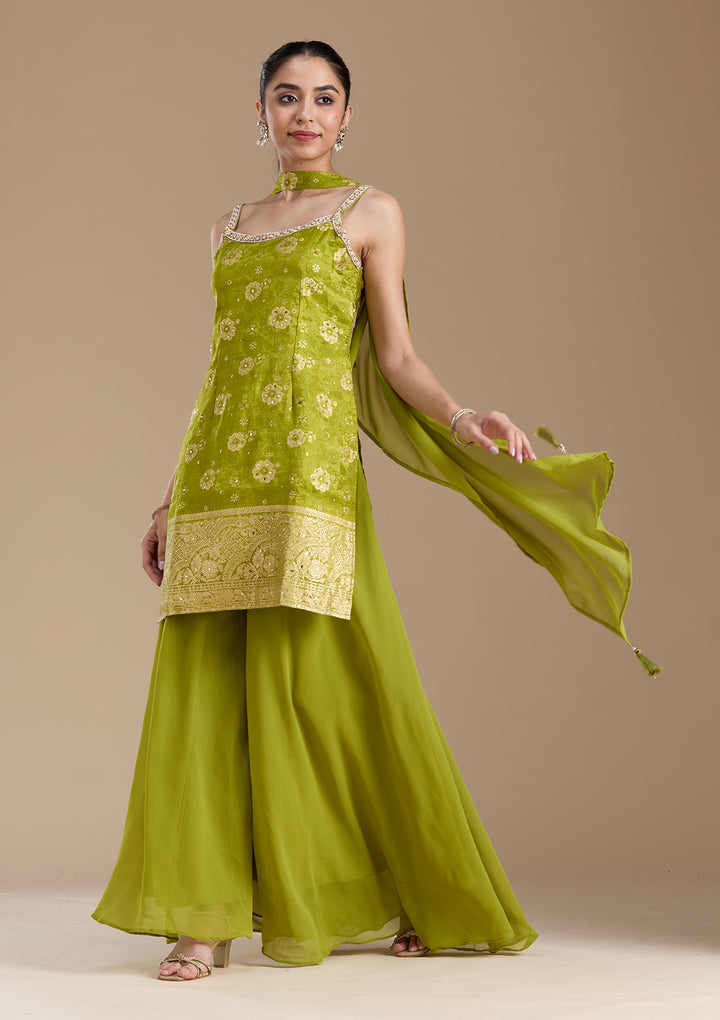 Parrot Green Cutdana Brocade Readymade Salwar Suit