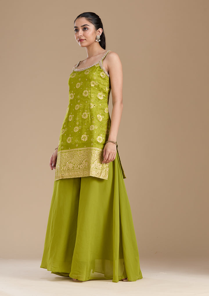 Parrot Green Cutdana Brocade Readymade Salwar Suit