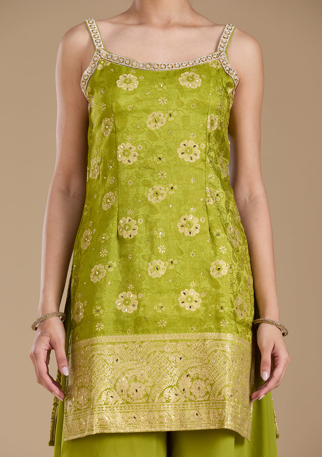 Parrot Green Cutdana Brocade Readymade Salwar Suit