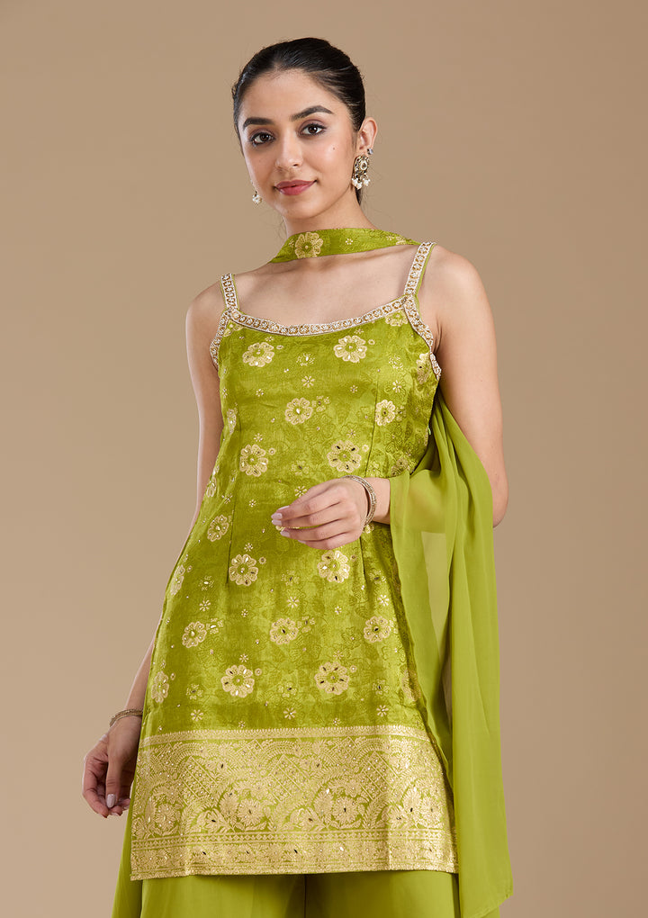 Parrot Green Cutdana Brocade Readymade Salwar Suit