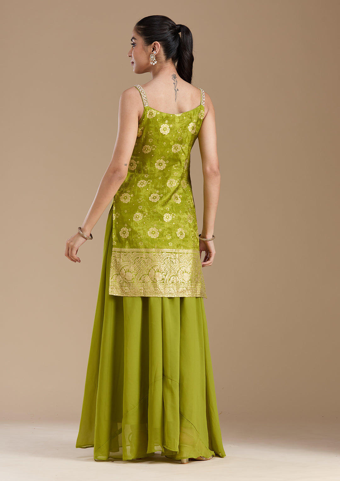 Parrot Green Cutdana Brocade Readymade Salwar Suit
